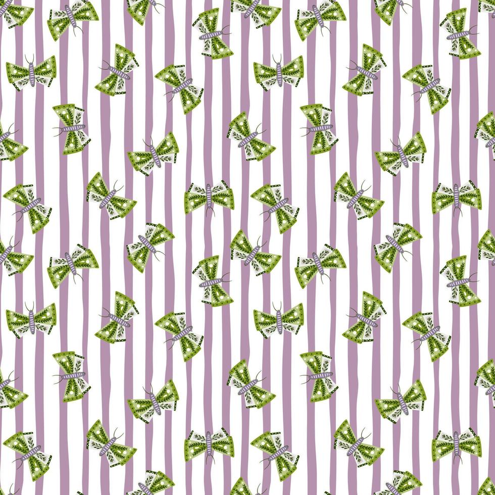 Little green geometric butterfly elements seamless pattern. Light striped background. Folk style backdrop. vector