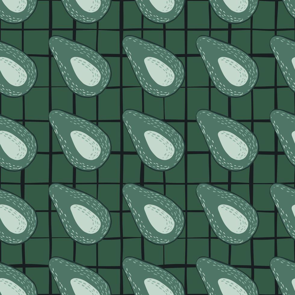 Dark seamless pattern with doodle avocado silhouettes. Breakfast food organic artwork on green chequered background. vector