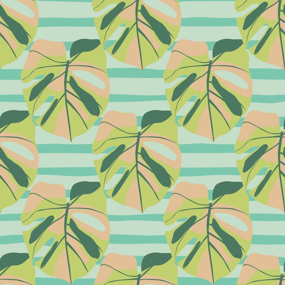 Simple foliage monstera leaves seamless pattern. Green soft ornament on blue stripped background. vector