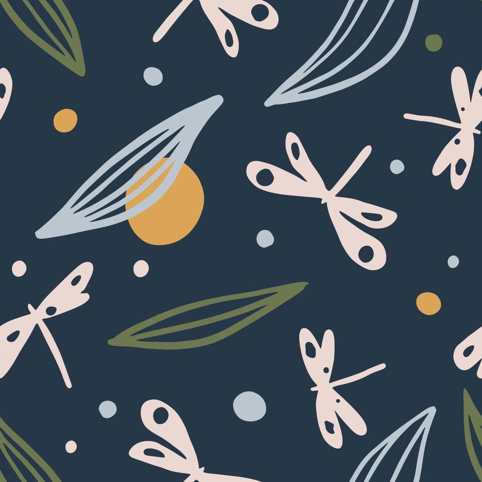 Abstract dragonfly seamless pattern on blue background. Floral wallpaper. vector