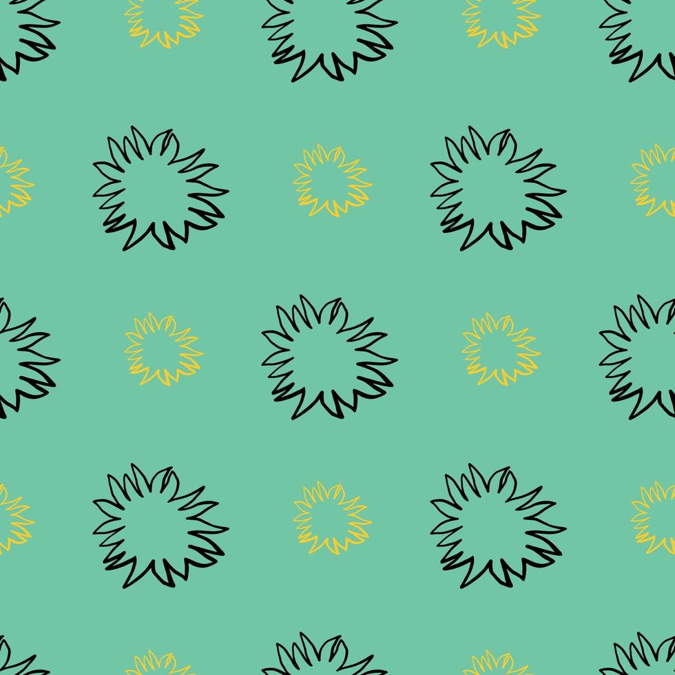 Black and yellow contoures star shapes seamless pattern. Doodle ornament on turquoise background. vector