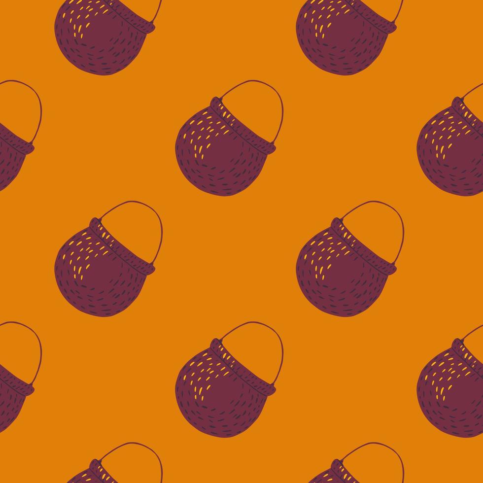 Doodle purple witchy bowler seamless pattern. Orange background. Cooking backdrop. vector