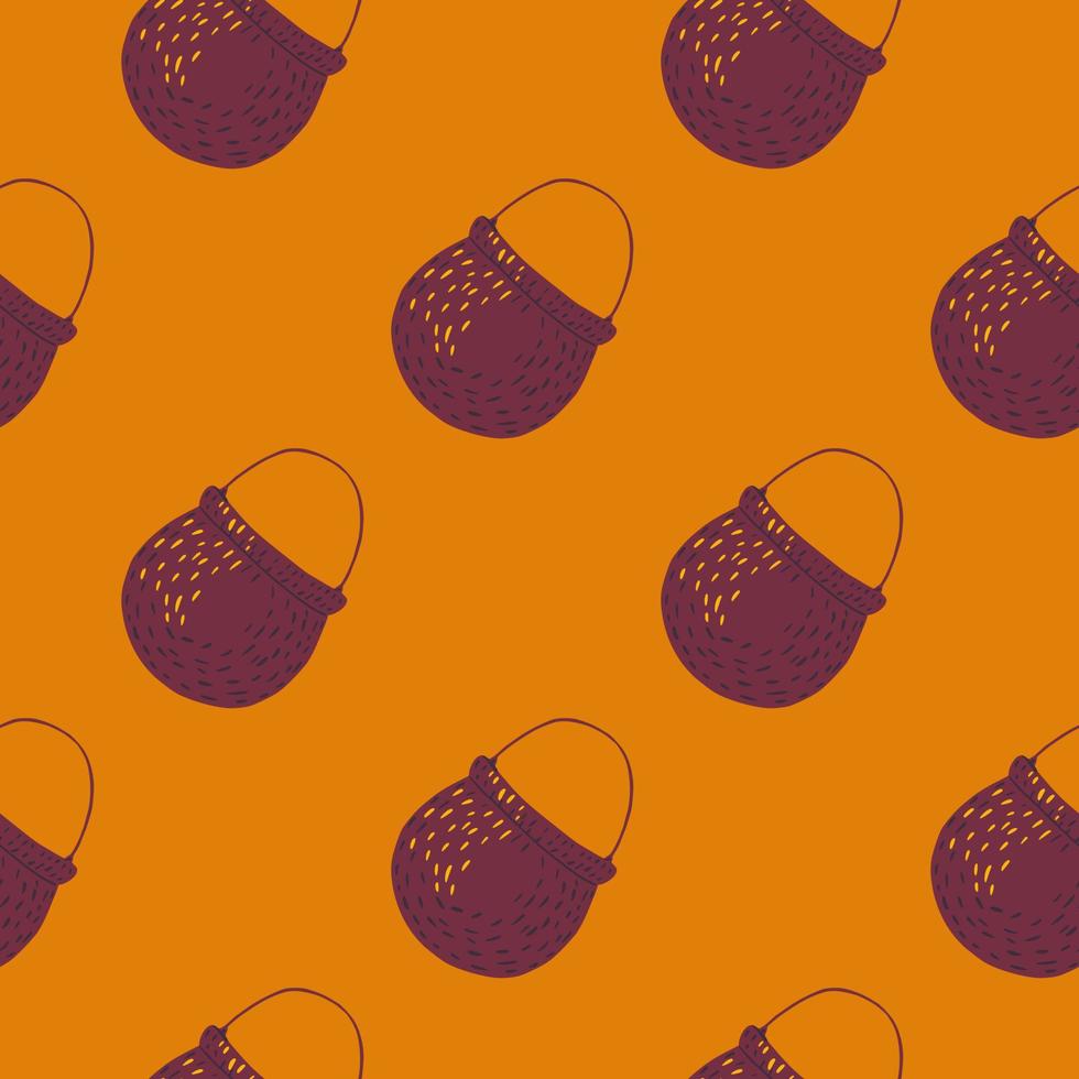 Doodle purple witchy bowler seamless pattern. Orange background. Cooking backdrop. vector