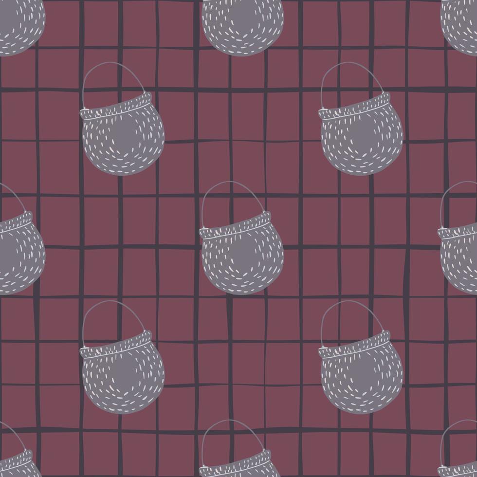 Magic witchy seamless pattern with grey pot doodle silhouettes. Chequered background. vector