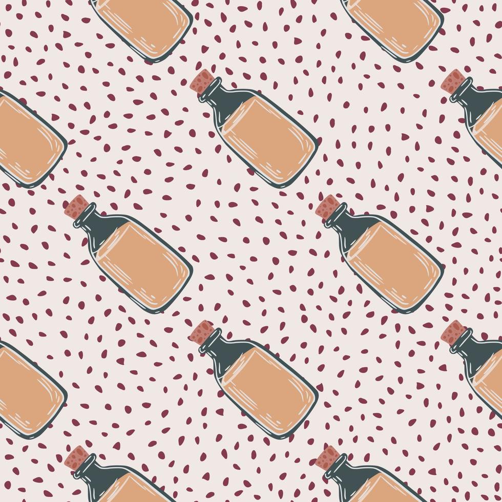 Pharmacy seamless pattern with doodle medical bottle shapes in beige color. Light grey dotted background. vector