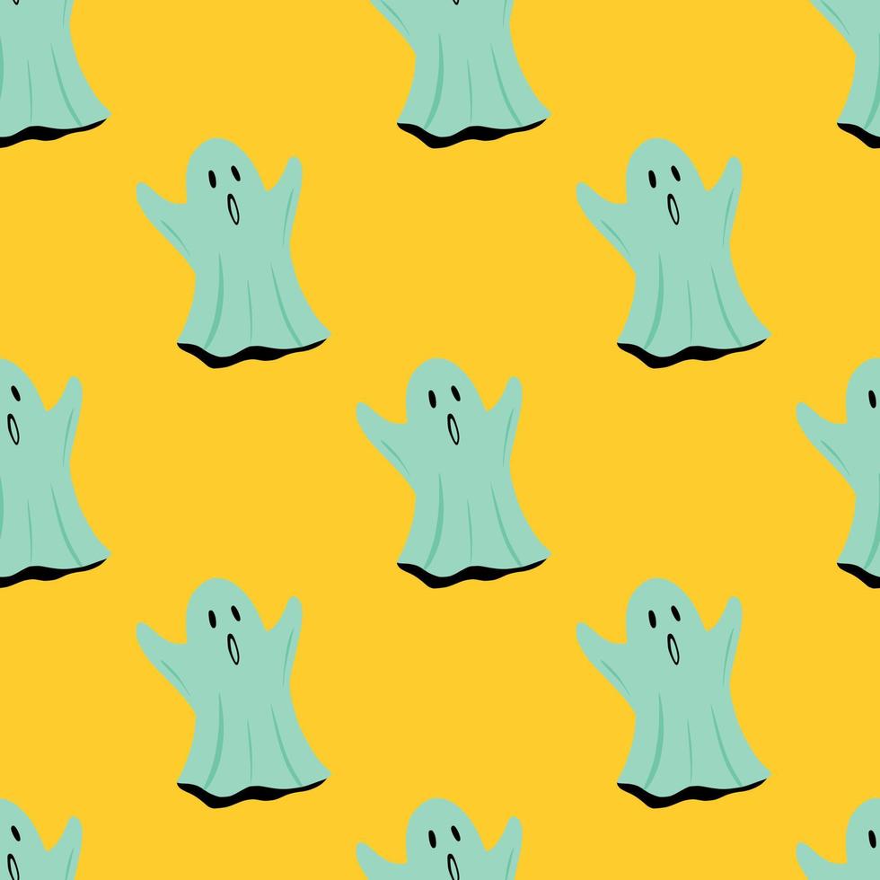 Light blue ghosts seamless doodle pattern. Spooky halloween ornament on yellow background. Bright design. vector