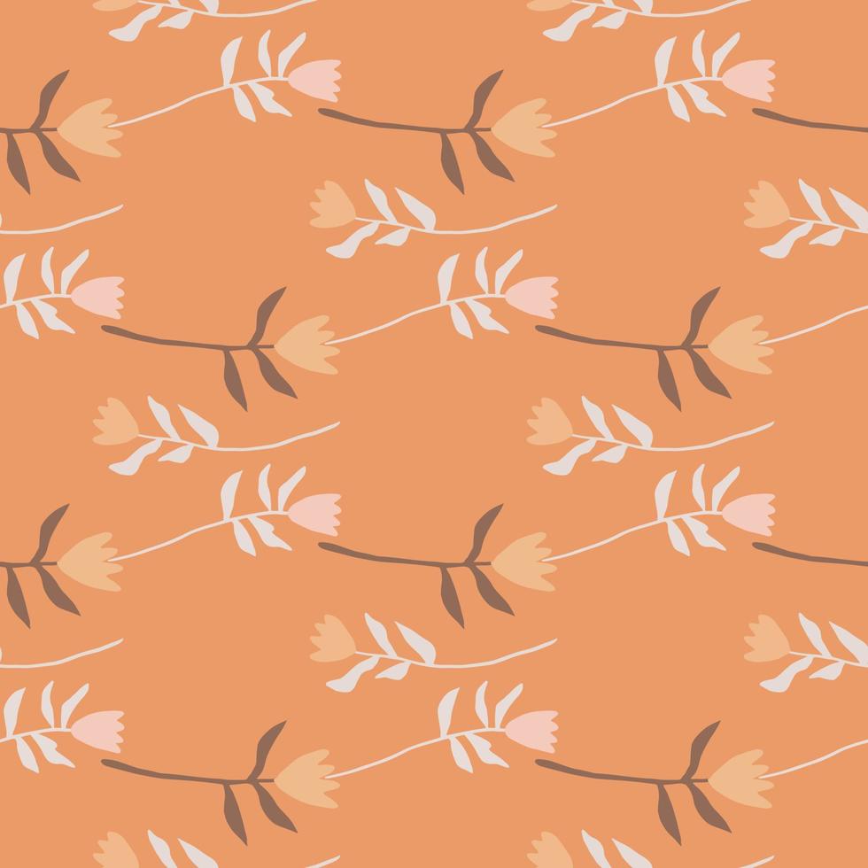 Minimalism seamless botanic pattern with tulip silhouettes. Orange background. Pastel floral stylized print. vector