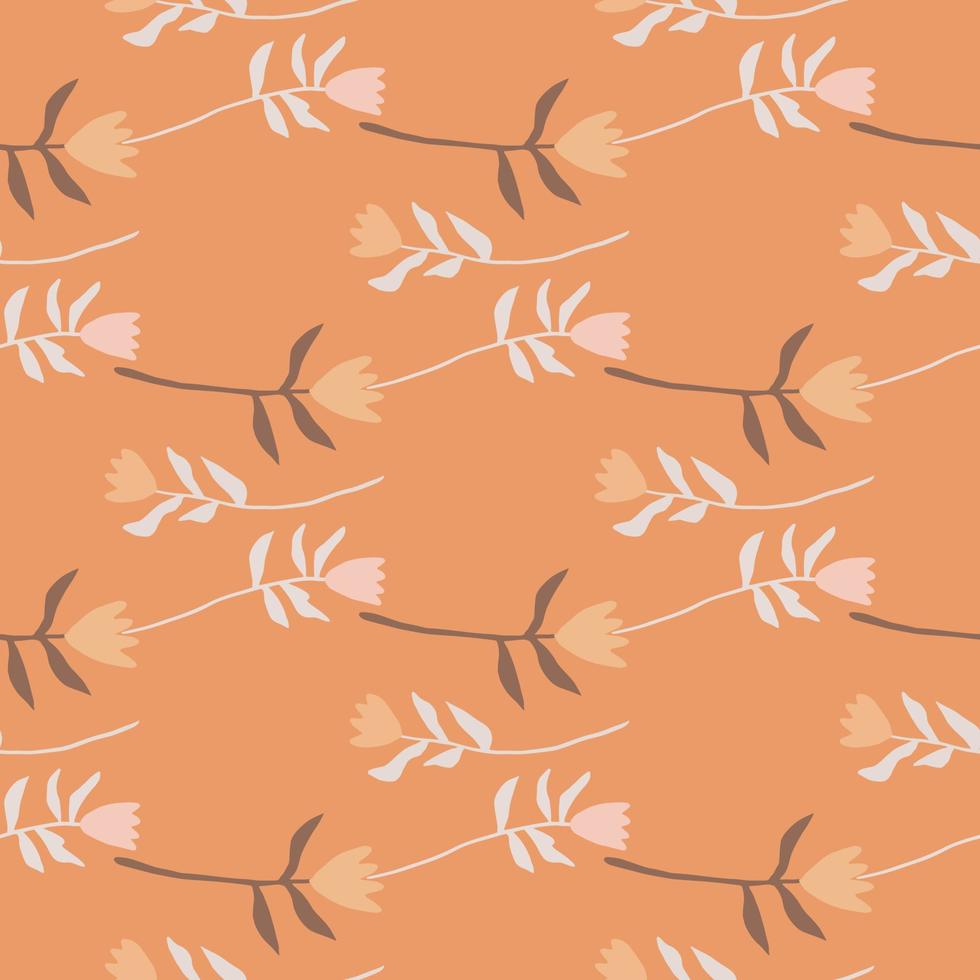 Minimalism seamless botanic pattern with tulip silhouettes. Orange background. Pastel floral stylized print. vector