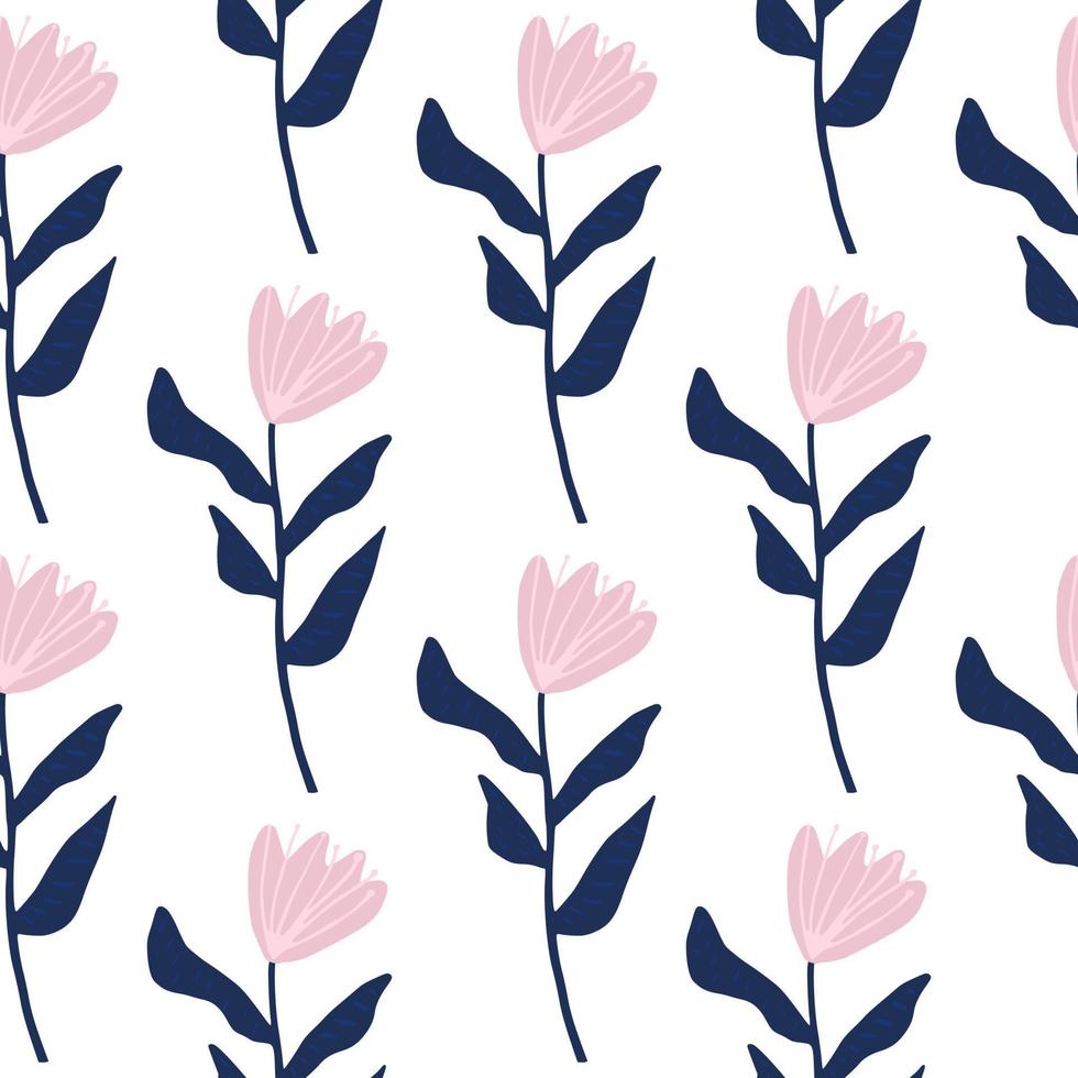 Isolated seamless pattern with flower simple silhouettes. Pink buds and navy blue stems. Simple floral print. vector