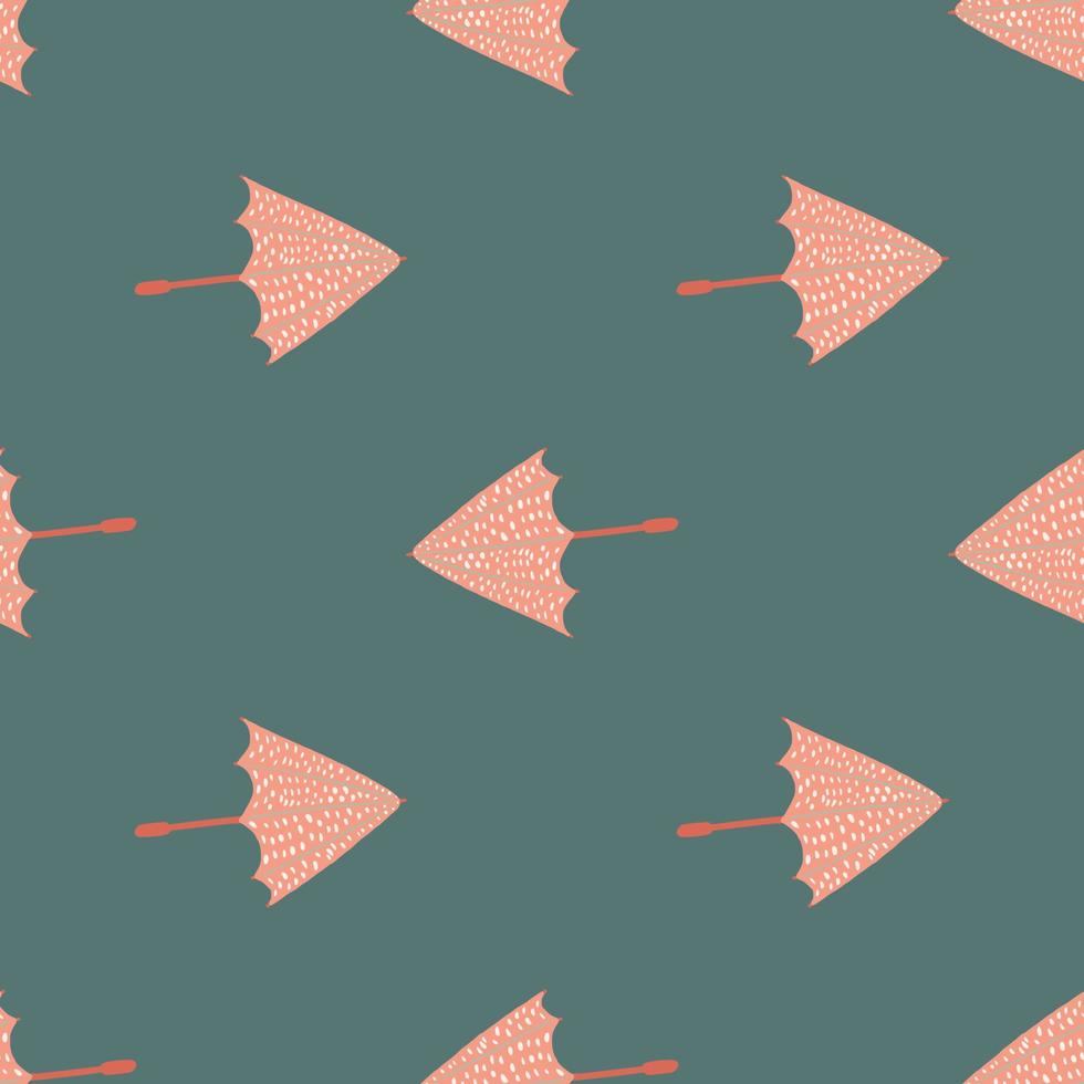 Pink umbrella hand drawn silhouettes seamless pattern. Dark pale turquoise background. vector