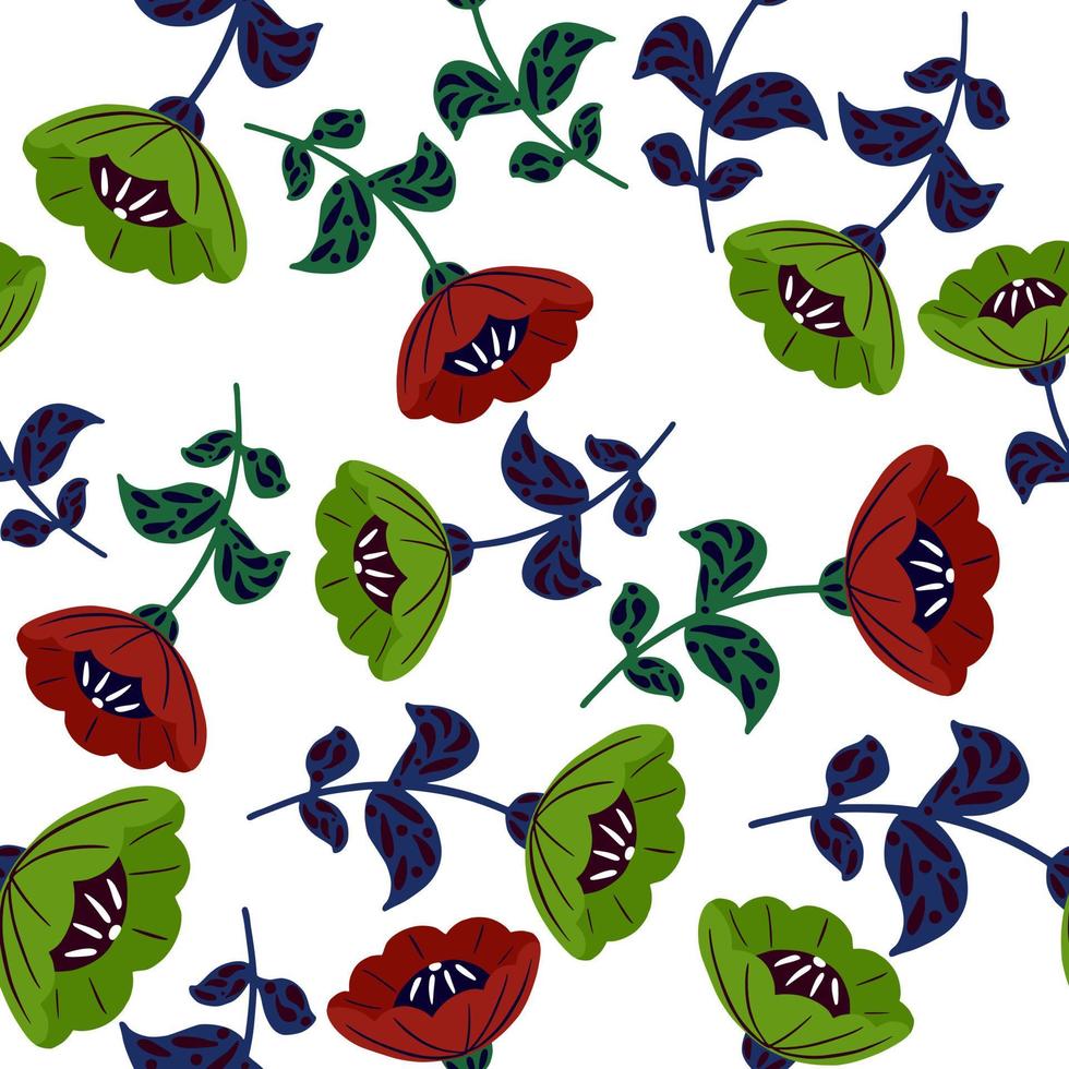 Isolated contrast seamless flora pattern with green and red colored vintage flowers print. White background. vector