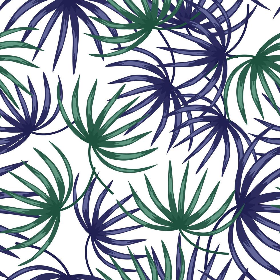 Isolated seamless pattern with doodle blue and green random botanic leaf shapes. White background. vector
