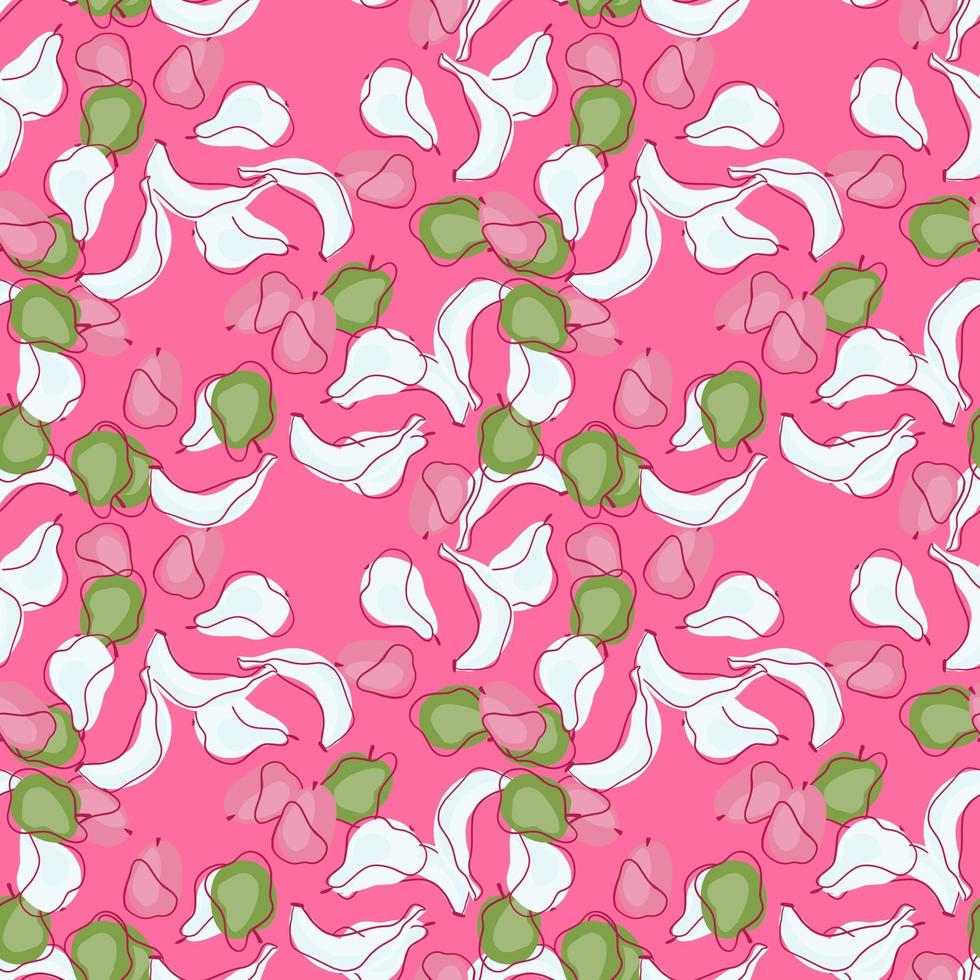 Green and white random contoured abstract fruits seamless pattern. Pink background. Banana, apple, pear and plum print. vector