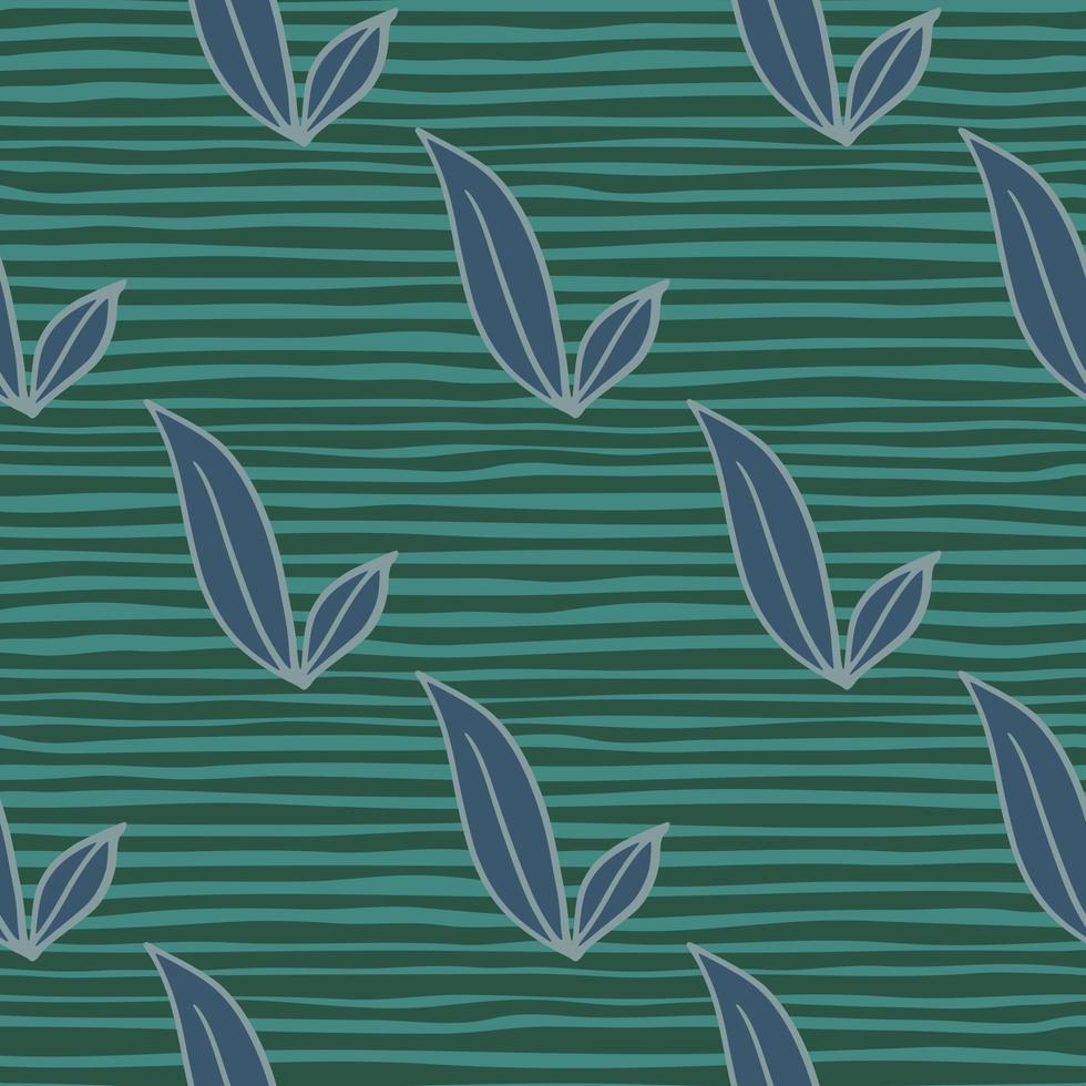 Scrapbook seamless pattern with doodle hand drawn blue contoured leaves print. Green striped background. vector