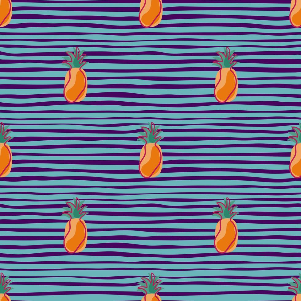 Vitamin exotic fruits seamless pattern in hand drawn ornament. Blue striped background. vector
