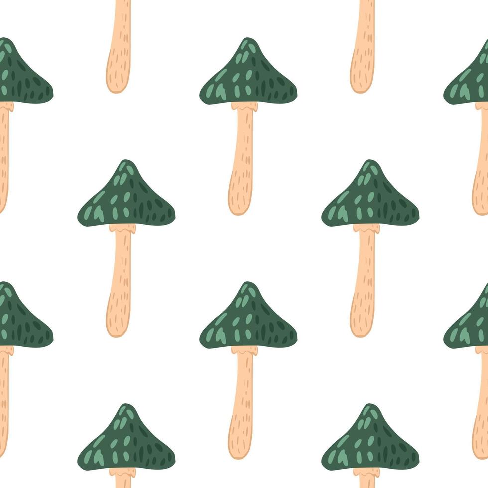Doodle seamless pattern with green magic mushrooms silhouettes. White background. vector