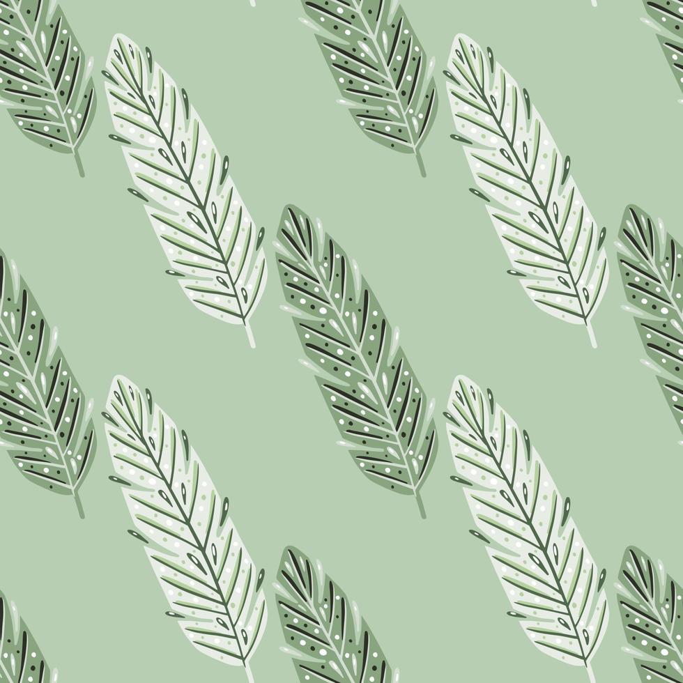Feather seamless doodle pattern in vintage style. Bohemian style. Green pastel background. Ornamental style. vector