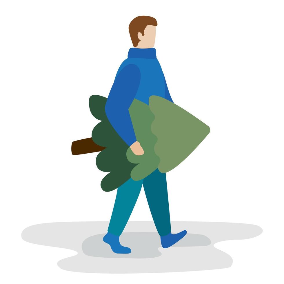 man carries a Christmas tree. Flat modern vector illustration