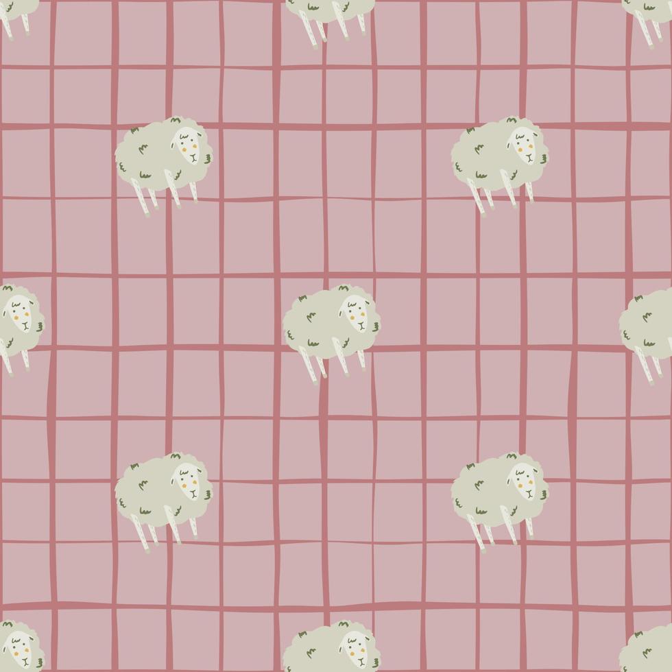 Farm seamless animal pattern with sheep simple elements. Pink pale chequered background. Stylized village cartoon print. vector