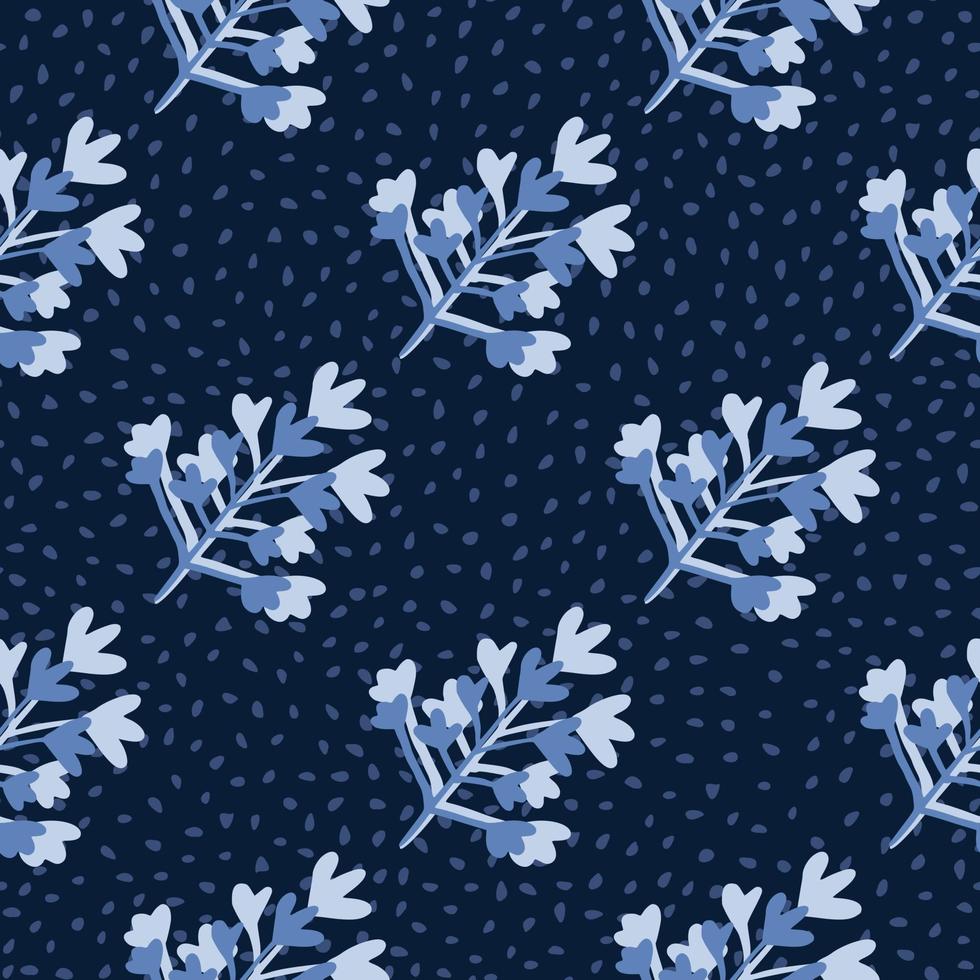 Seamless floral drk pattern with abstract botanic shapes. Navy blue background with dots and light blue brach elements. vector