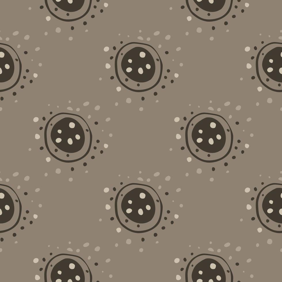 Simple planet ornament seamless doodle patern. Brown cosmic elements on beige background and dots. vector