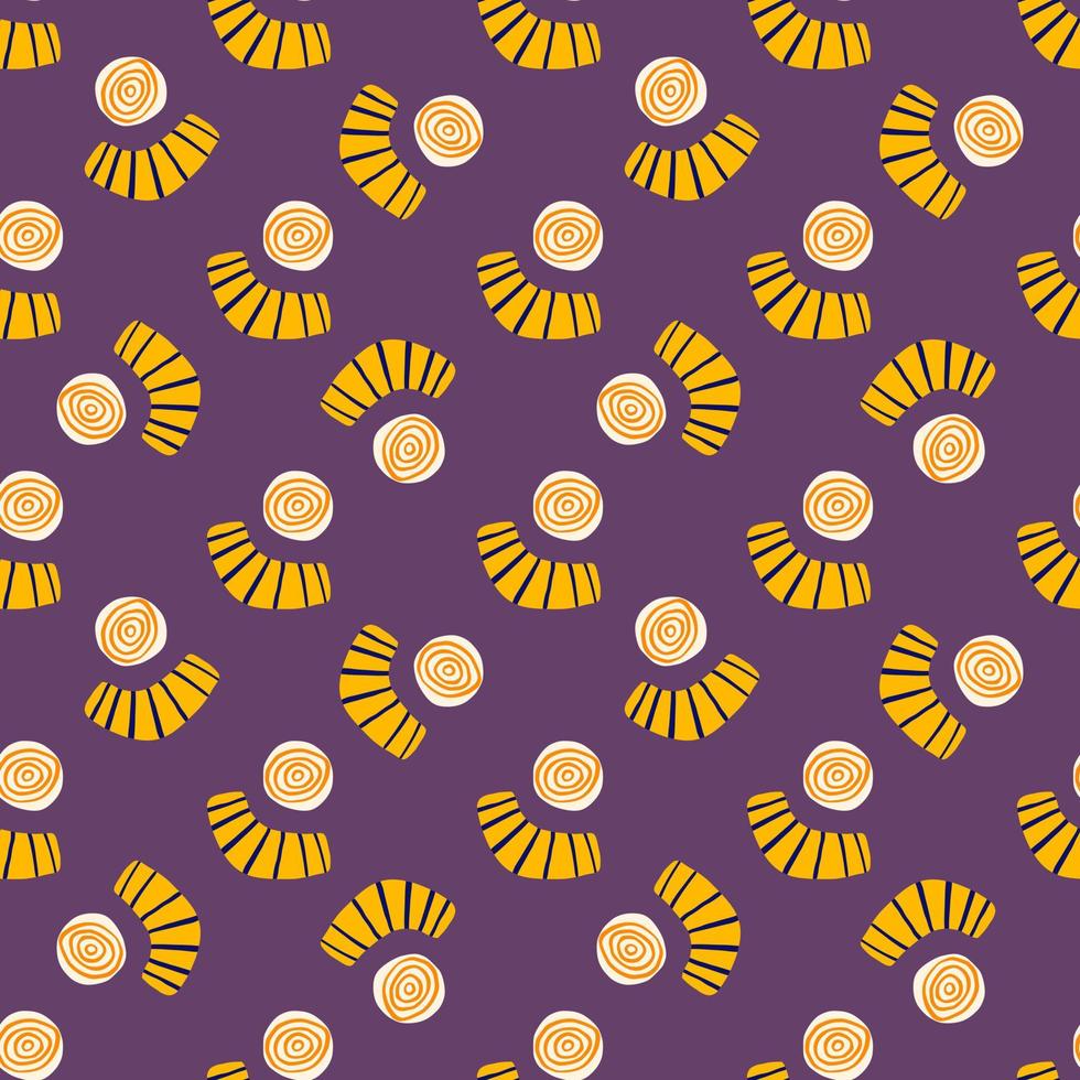 Abstract shapes seamless doodle pattern. Bright design with yellow circles and scribble figures on purple background. vector