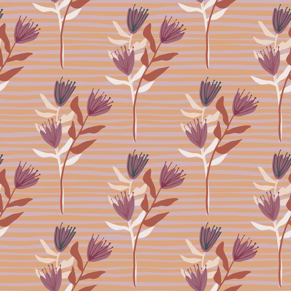 Autumn tulip bouquet seamless pattern. Flower silhouettes in purple colors, orange stripped background. vector