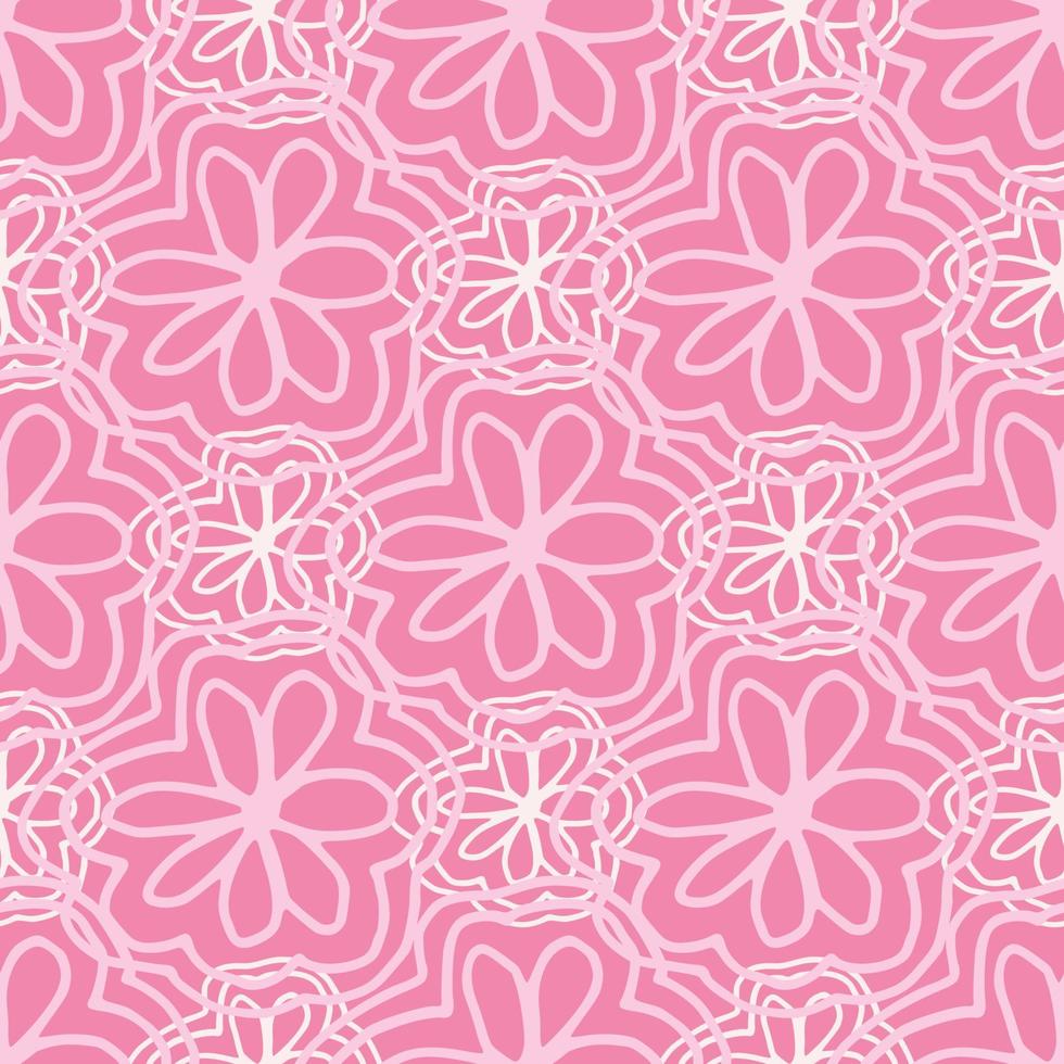 Line art white flower bloom seamless pattern on pink background. Romantic floral enless wallpaper, vector