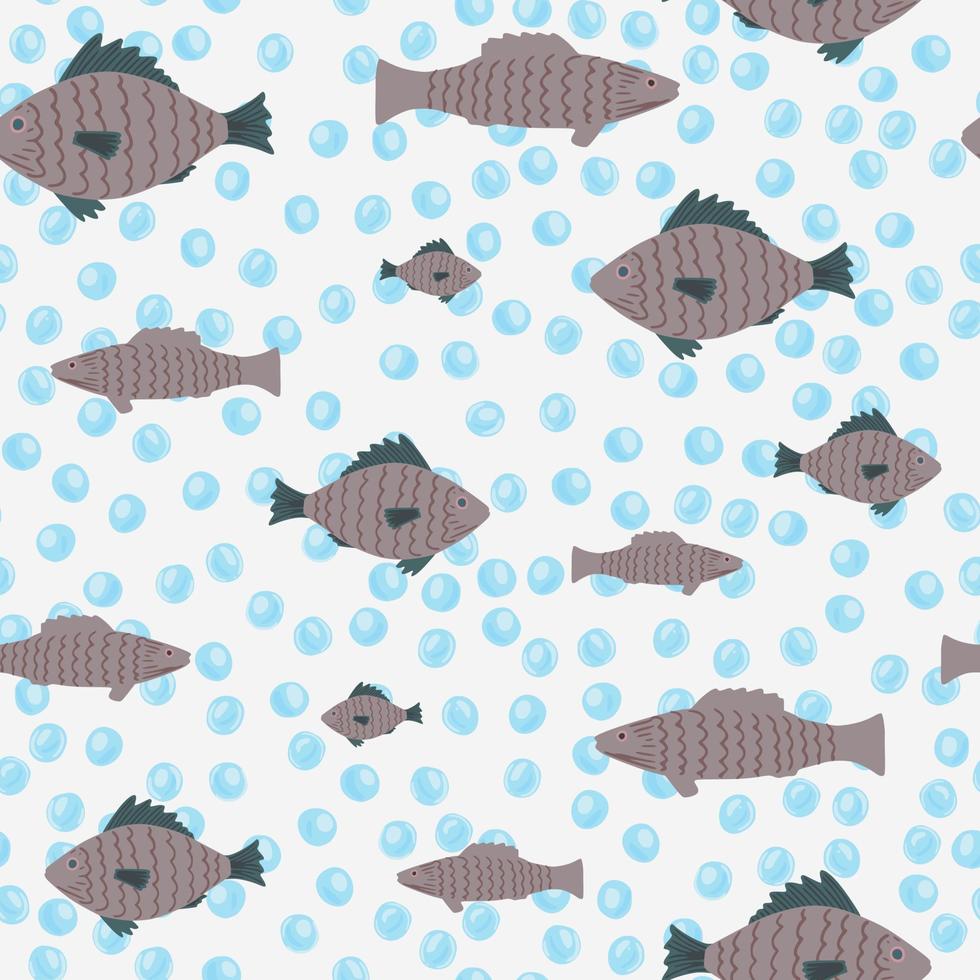 Pale fish stylized sea seamless pattern. White background with blue bubbles. Simple plankton marine backdrop. vector