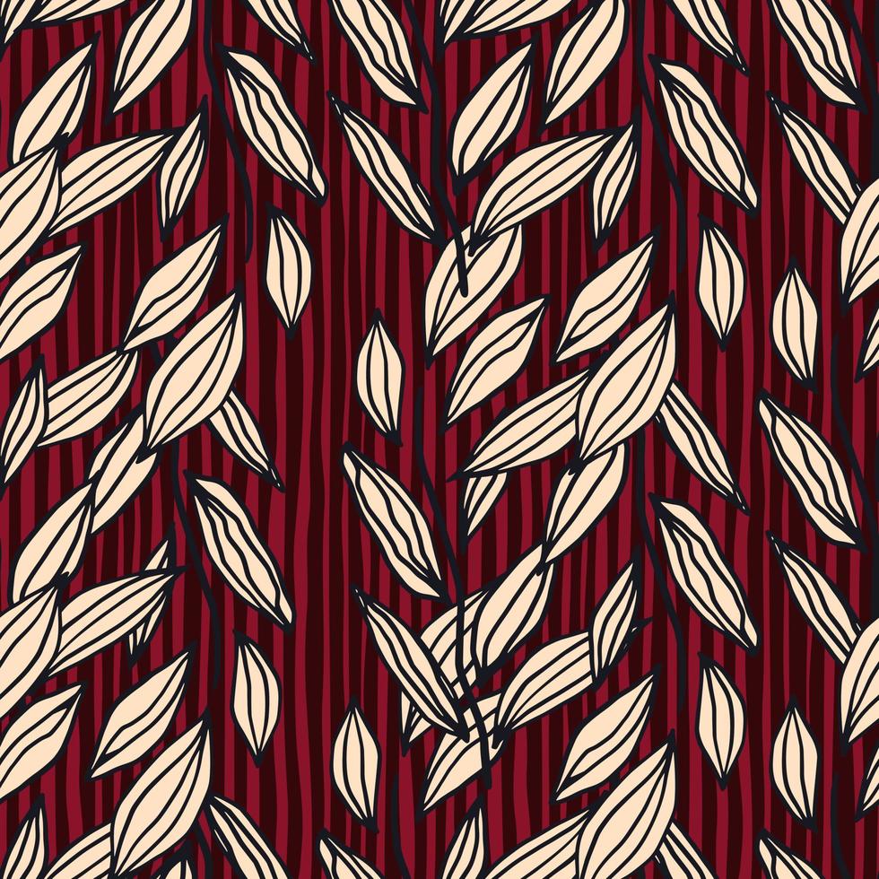 Seamless botanic pattern with outline foliage silhouettes. Leves in pastel pink color. Red background with black strips. vector