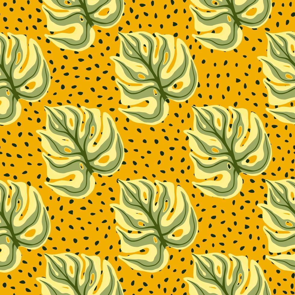Decorative seamless pattern with green monstera leaf silhouettes. Yellow dotted background. Abstract style. vector