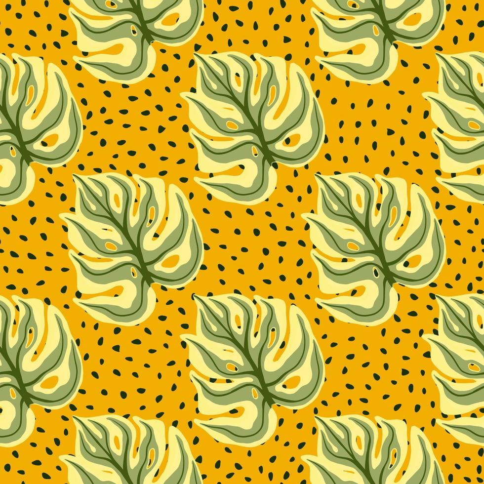 patrón decorativo sin costuras con siluetas de hojas de monstera verde. fondo punteado amarillo. estilo abstracto. vector