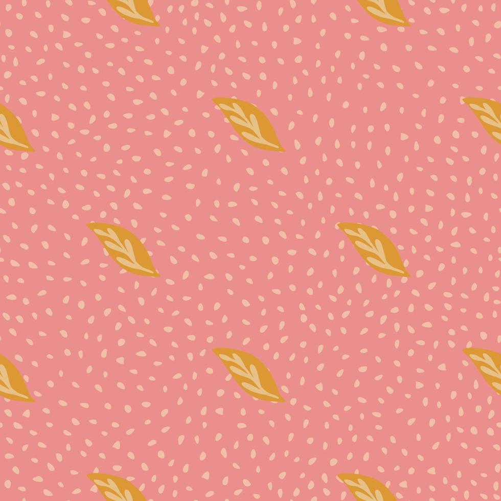 Minimalistic foliage seamless pattern with orange little leaf ornament. Pink dotted background. Doodle style. vector