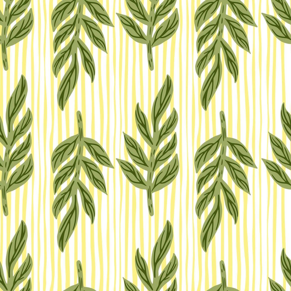 Botanic herbal seamless pattern with green colored hand drawn leaf branches. Yellow striped background. vector