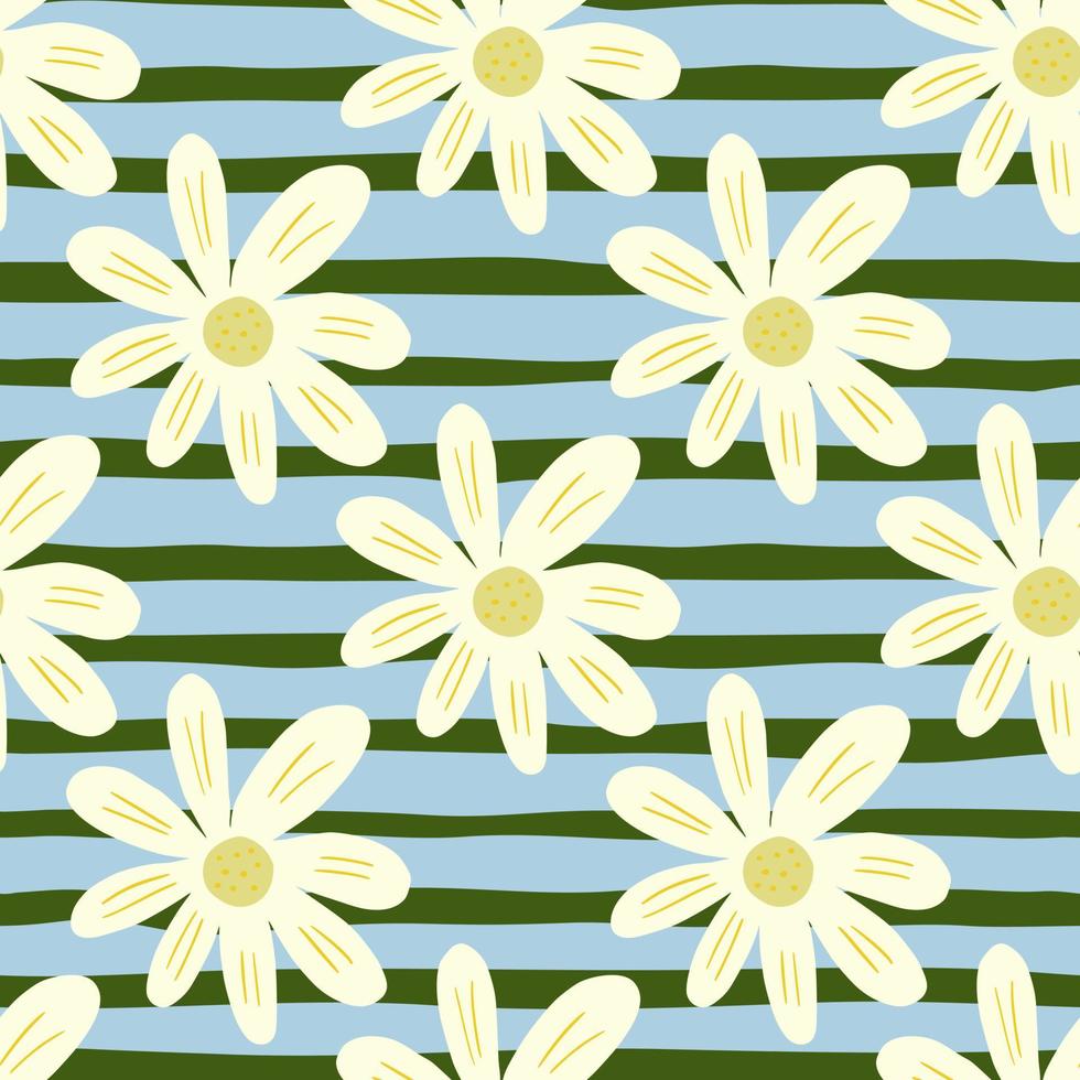 Abstract ditsy flowers seamless pattern on stripes background. Floral ornament. Retro chamomile print. vector