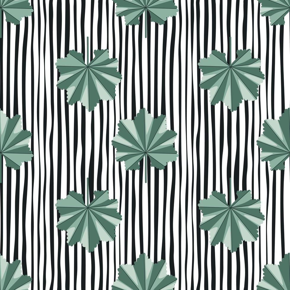 Summer seamless pattern with doodle green abstract jungle ornament. Black and white striped backround. vector
