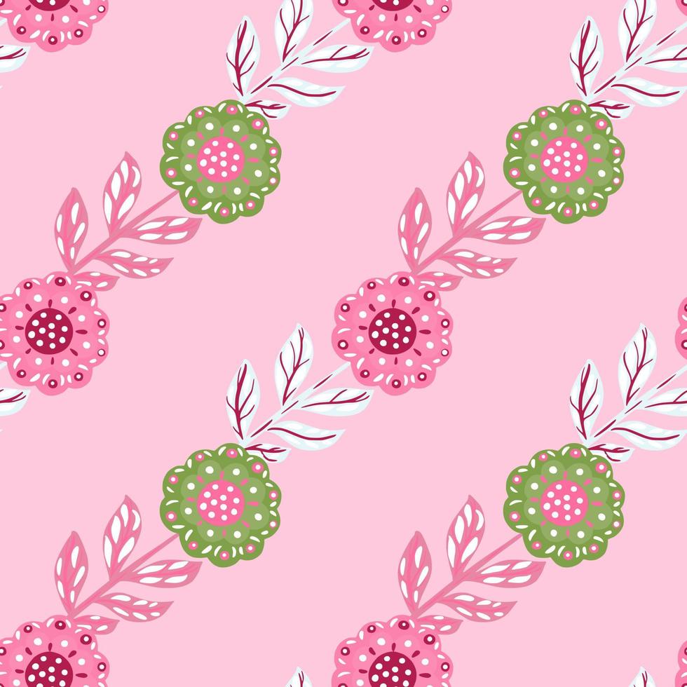 patrón creativo abstracto sin costuras con adorno de flores populares de color verde. fondo rosa tonos pastel vector