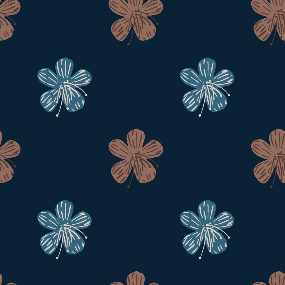 Minimalistic seamless pattern with blue and beige flowers shapes. Navy blue background. vector