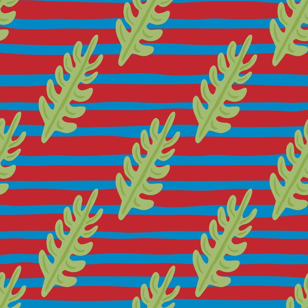 Abstract decorative seamless pattern with green tropic leaf branches shapes. Red and blue striped background. vector