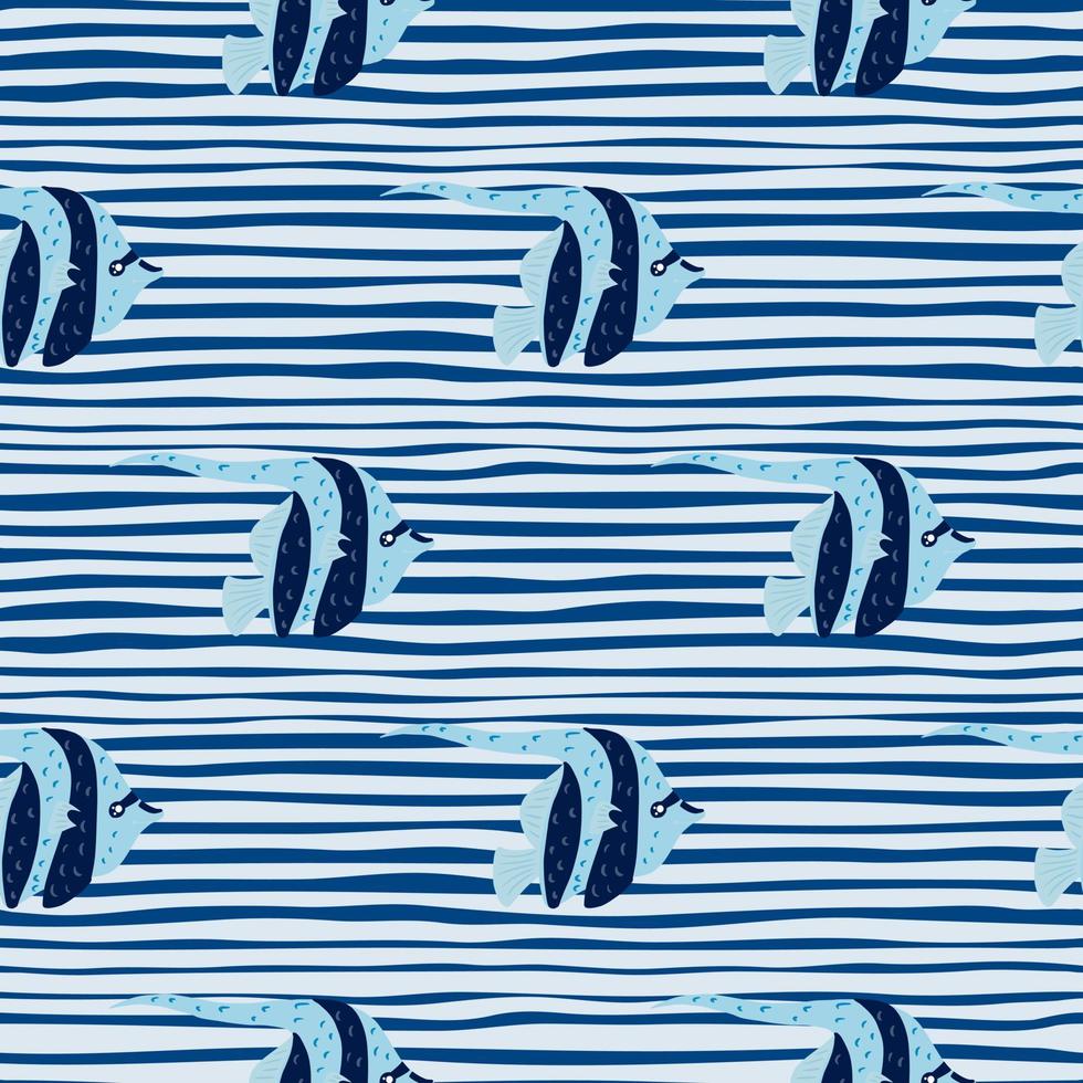 Abstract ocean seamless pattern with bright imperial angelfish ornament. Striped blue background. vector