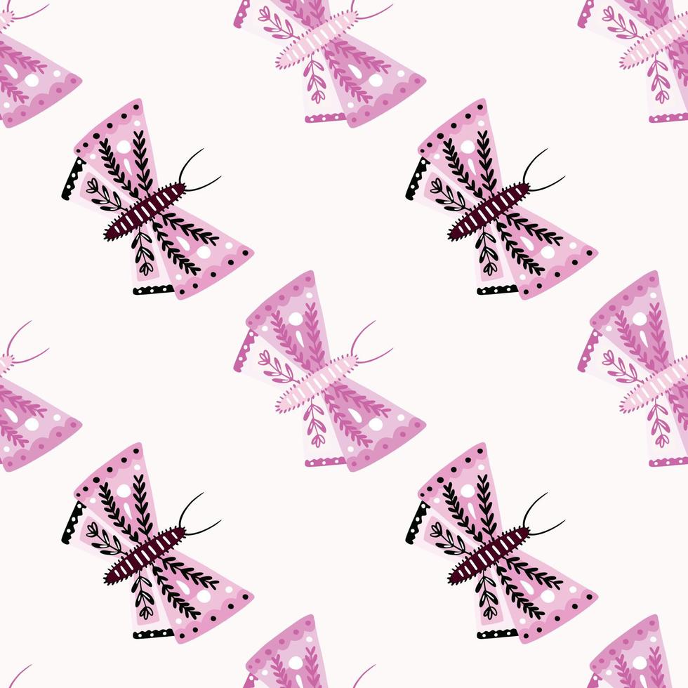 Isolated seamless nature pattern with pink and lilac geometric butterfly print. White background. vector