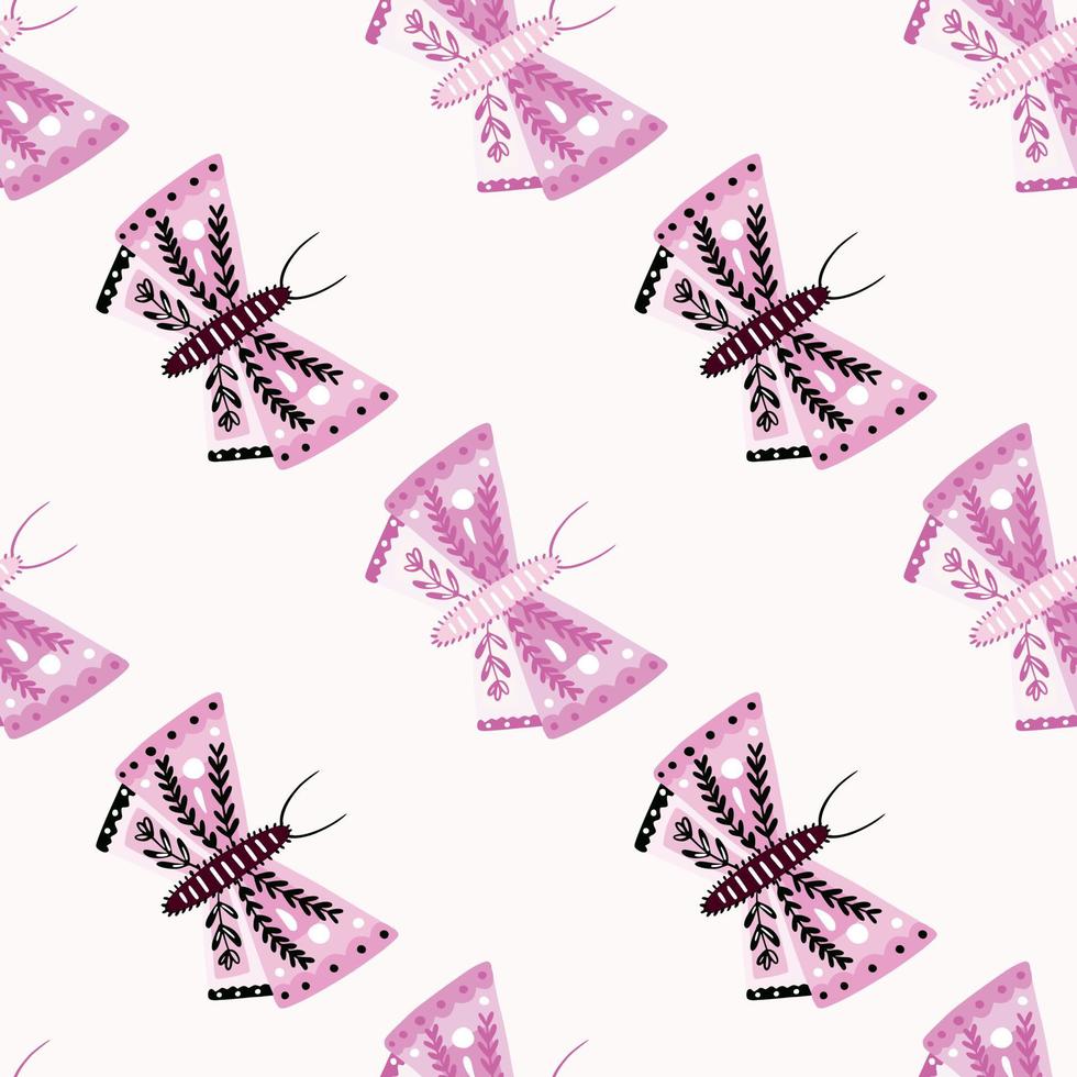 patrón natural aislado sin fisuras con estampado geométrico de mariposa rosa y lila. Fondo blanco. vector