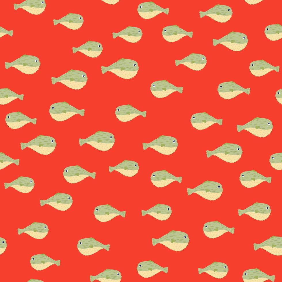 Bright aqua seamless pattern with little random puffer fugu ish ornament. Red background. Scrapbook marine print. vector