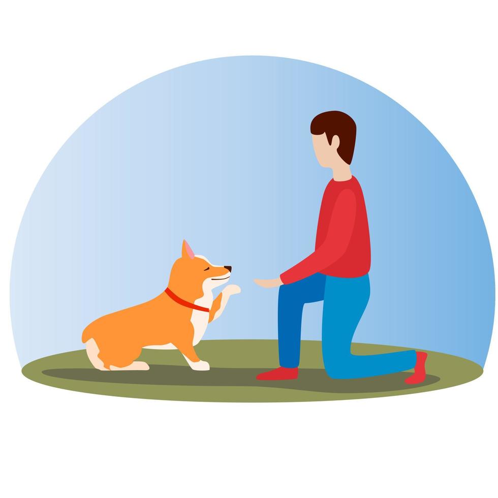 Man training his welsh corgi dog. Happy cute dog. Welsh Corgi. vector