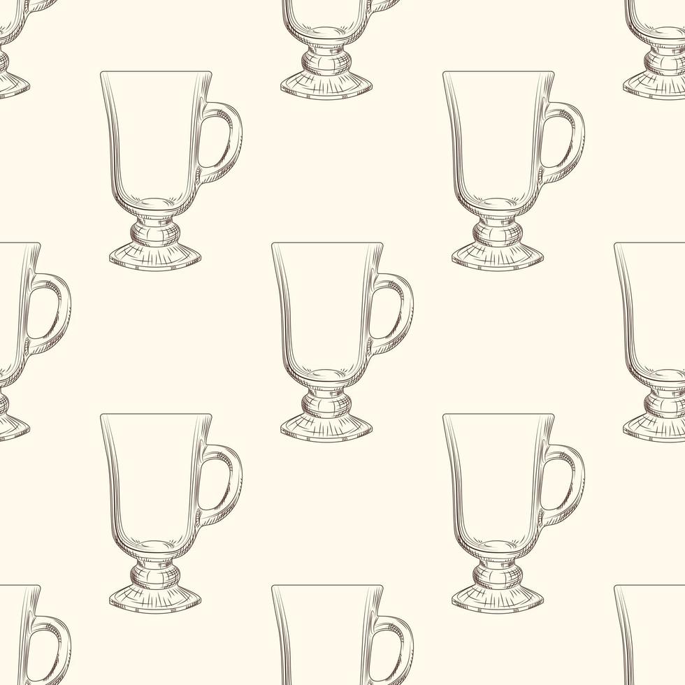 Irish Coffee mug seamless pattern. Hand drawn glassware cup backdrop. vector