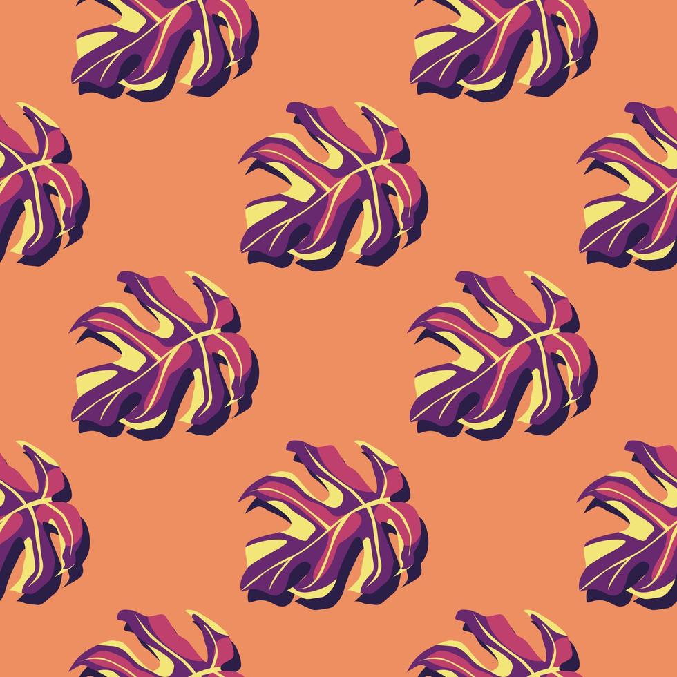 Minimalistic exotic seamless pattern with purple leaf silhouettes. Orange background. Stylized print. vector