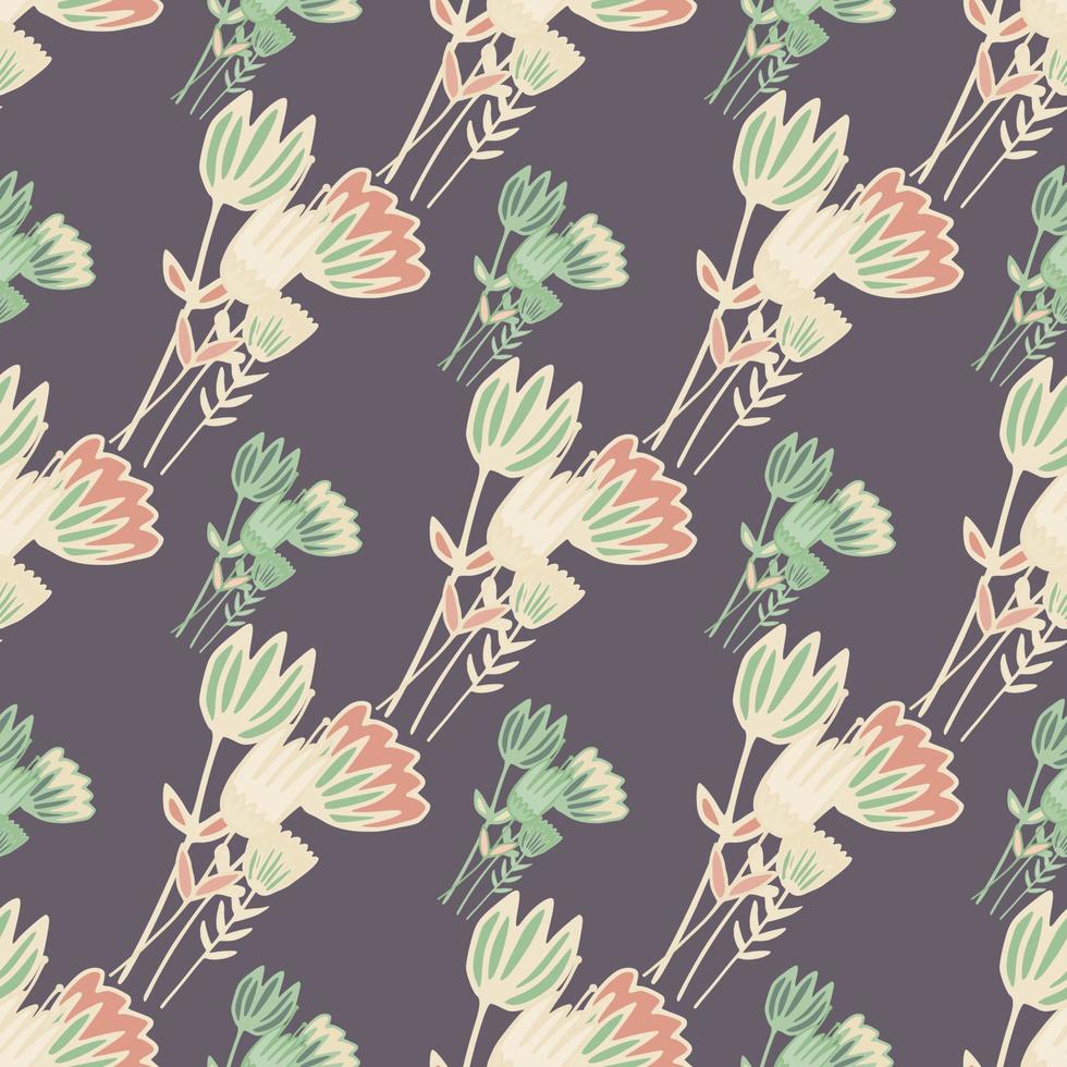 Seamless pattern with contoured floral tulip bouquets. Botanic ornament in green and light tones. Dark pastel purple background. vector