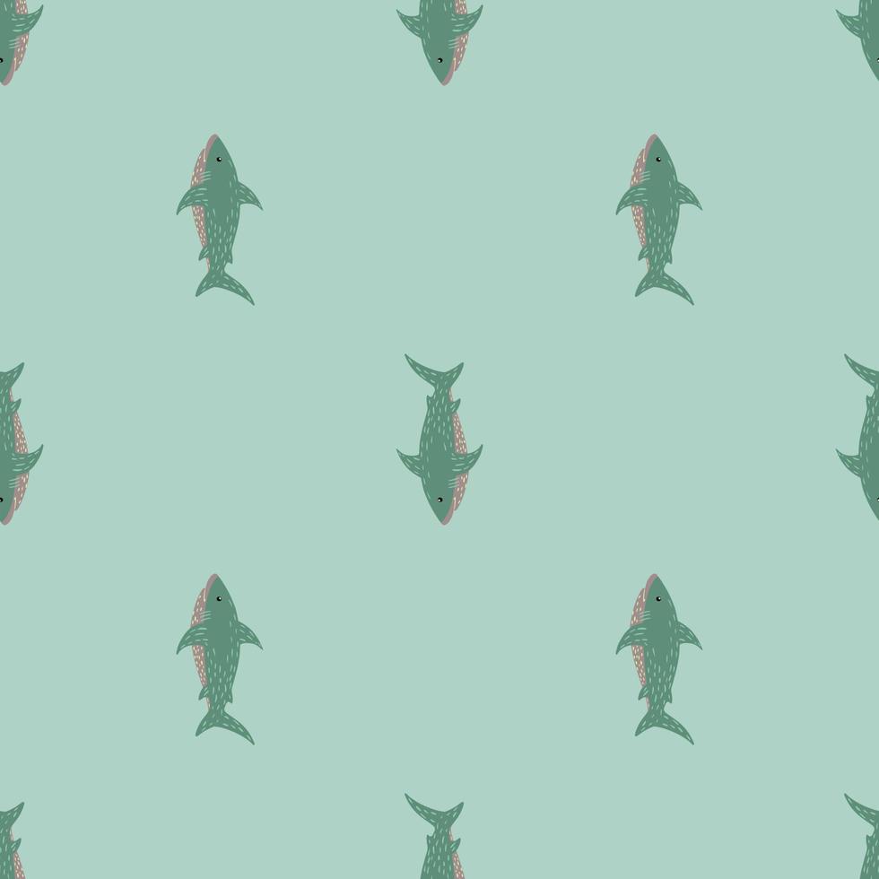 patrón de garabato minimalista sin costuras con elementos de tiburón. pequeños peces verdes sobre fondo pastel claro. vector