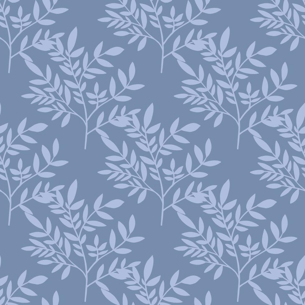 Seamless pattern with blue leaves silhouette. Tree branches wallpaper. Nature backdrop. Decorative twigs. vector