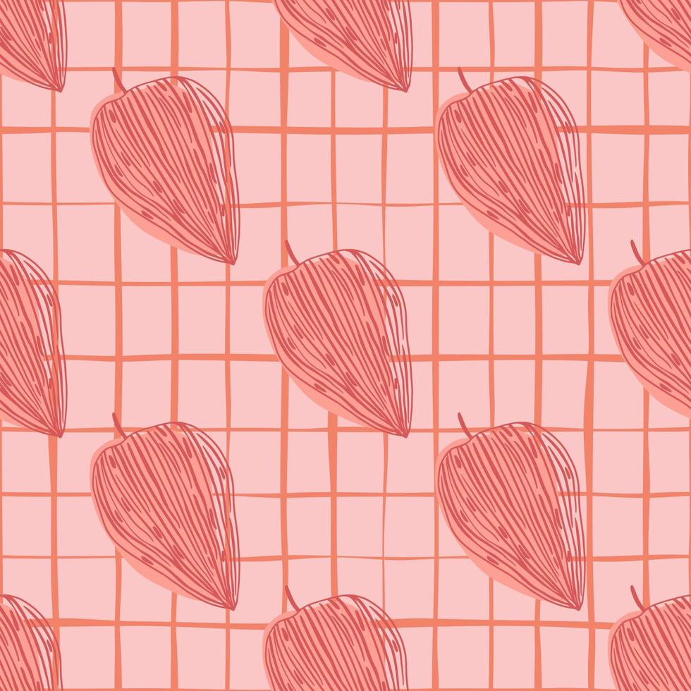 Pink pastel seamless leaf outline pattern. Contoured foliage stylized print on chequered backround. vector